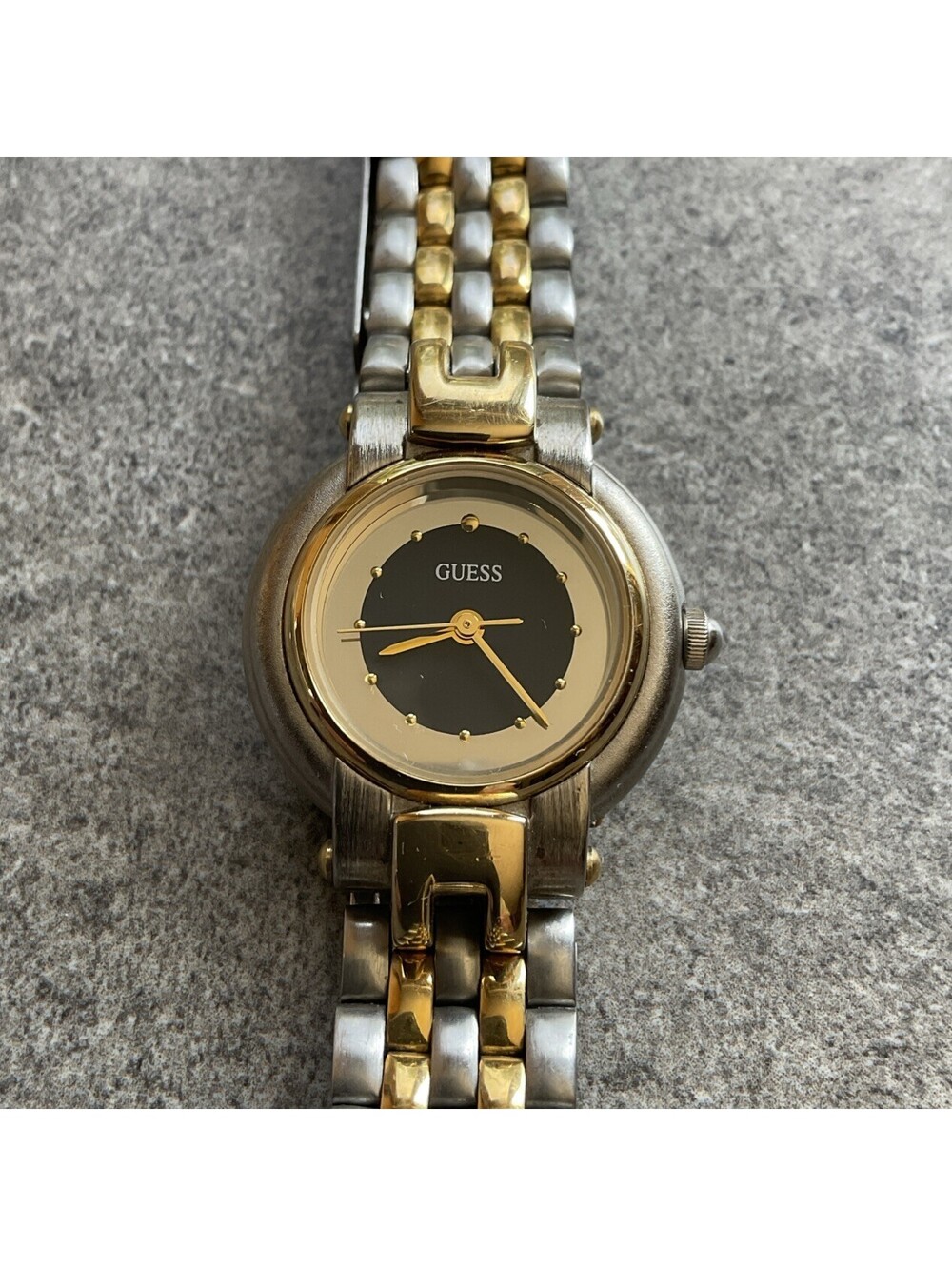 Vintage Guess Womens Watch Two Tone Case And Band With Black Dial Bin I
